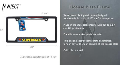 Officially Licensed DC Comics Superman Flying Automotive-Grade Black Plastic 3D Doming Open Corner License Plate Frame Tag Holder for Cars/SUVs/Trucks - Weatherproof Auto Accessory in Saudi Arabia
