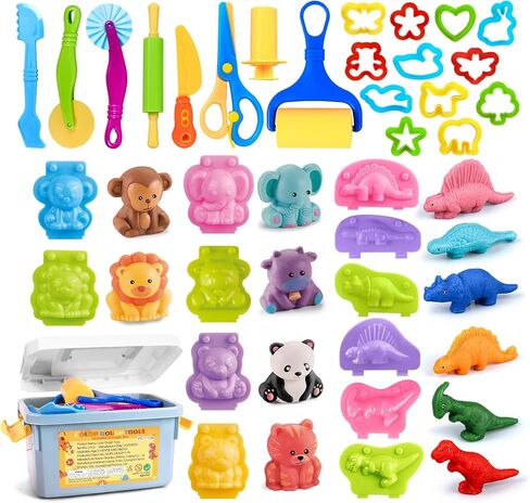 Playdough Tools Set with Storage Box, 33Pcs Color Dough Accessories Including 3D Dinosaur & Animal Molds, Cutters,Rollers, Scissors, Extruder, Learning Toys for Toddlers Creative Play in Saudi Arabia
