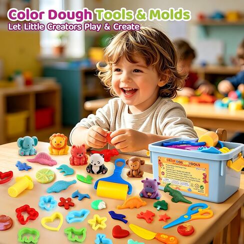Playdough Tools Set with Storage Box, 33Pcs Color Dough Accessories Including 3D Dinosaur & Animal Molds, Cutters,Rollers, Scissors, Extruder, Learning Toys for Toddlers Creative Play in Saudi Arabia
