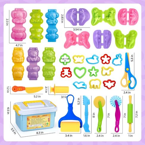 Playdough Tools Set with Storage Box, 33Pcs Color Dough Accessories Including 3D Dinosaur & Animal Molds, Cutters,Rollers, Scissors, Extruder, Learning Toys for Toddlers Creative Play in Saudi Arabia
