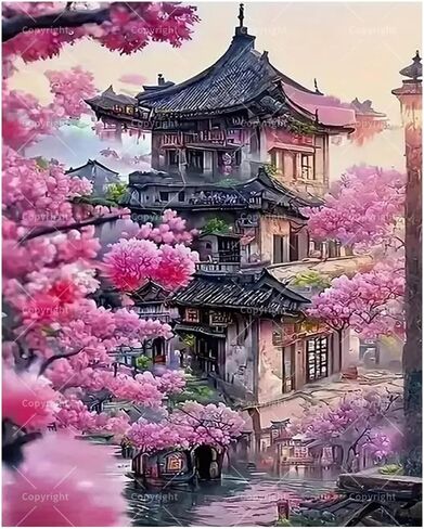 Cultural Art Paint by Numbers Kit for Adults - DIY Chinese Architecture and Cherry Blossoms Painting on Canvas 16x20In, Framed Acrylic Paint Set for Beginners, Oriental Art for Home Decoration in Saudi Arabia