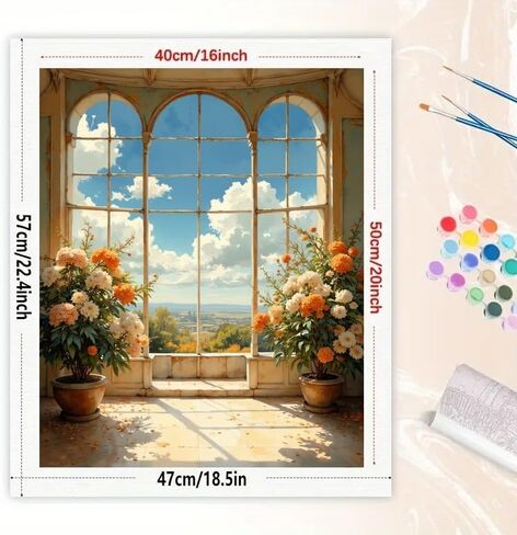 Bright Window View Paint by Numbers Kit for Adults - DIY Flower Pots with Blue Sky View Painting on Canvas 16x20 Inch, Acrylic Paint Set, Suitable for Beginners, Art for Home Decoration or Gifts in Saudi Arabia