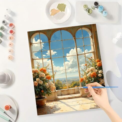 Bright Window View Paint by Numbers Kit for Adults - DIY Flower Pots with Blue Sky View Painting on Canvas 16x20 Inch, Acrylic Paint Set, Suitable for Beginners, Art for Home Decoration or Gifts in Saudi Arabia