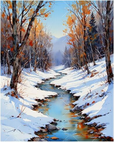 Seasonal Nature Paint by Numbers Kit for Adults - DIY Autumn Forest and Snowy Stream Painting on Canvas 16x20 Inches, Acrylic Paint Set, Suitable for Beginners, Art for Home Decoration or Gifts in Saudi Arabia