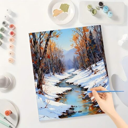 Seasonal Nature Paint by Numbers Kit for Adults - DIY Autumn Forest and Snowy Stream Painting on Canvas 16x20 Inches, Acrylic Paint Set, Suitable for Beginners, Art for Home Decoration or Gifts in Saudi Arabia
