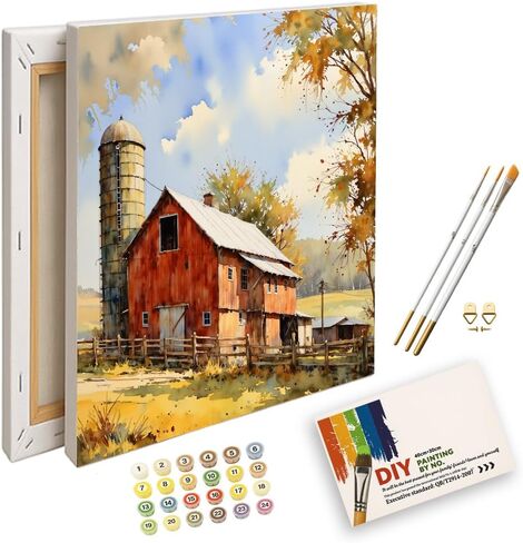 ENTORLAB Barn Paint by Numbers Kit for Adults - DIY Rustic Barn with Tall Silo in Fall Landscape Painting on Canvas 16x20In, Acrylic Paint Set, Suitable for Beginners,Art for Home Decoration or Gifts in Saudi Arabia