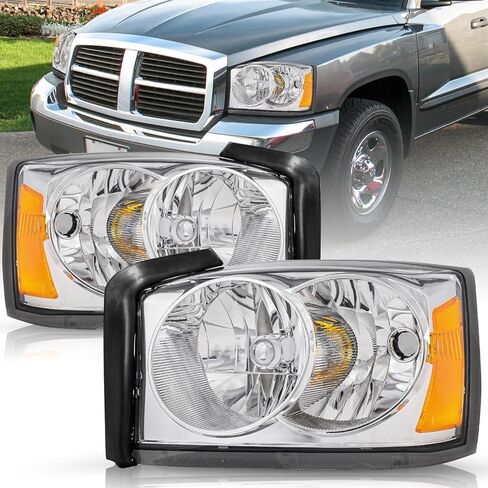 TUSDAR Headlight Assembly Compatible with 2005-2007 Dodge Dakota Halogen Replacement Headlamp Passenger and Driver Side Chrome Housing Amber Reflector in Saudi Arabia