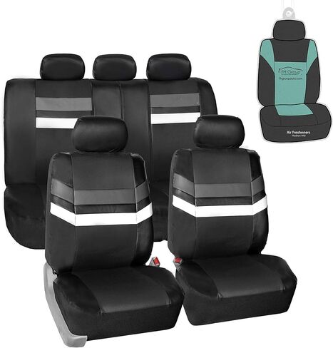 FH Group PU006115 Varsity Spirit PU Leather Seat Covers (Gray) Full Set with Gift - Universal Fit for Cars Trucks and SUVs in Kuwait