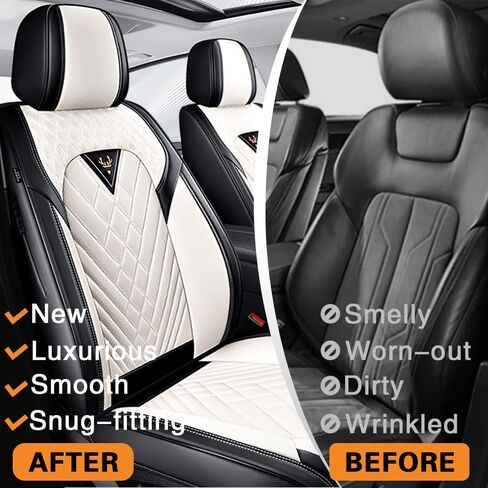 مناسب لأغطية مقاعد Hyundai Tucson 2005-2026، جلد نابا، حماية كاملة 360 درجة، بطانة سميكة وإسفنج الذاكرة، غطاء مقعد السيارة مقاوم للماء والبقع (مقعدان قياسيان، أبيض كريمي) in Kuwait