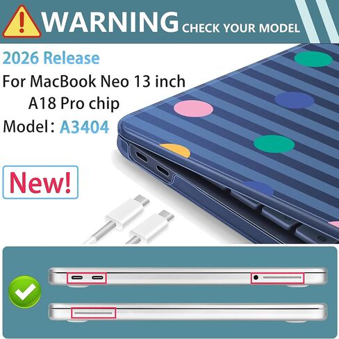 حافظة مطبوعة من Mektron لجهاز MacBook Neo مقاس 13 بوصة إصدار 2026 موديل A3404، وغطاء صلب واقٍ للكمبيوتر المحمول بشريحة A18 Pro مع شاشة عرض شبكية سائلة مقاس 13 بوصة (قطريًا)، وشريط أزرق منقط ملون in Kuwait