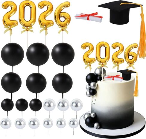 BEISHIDA Graduation Cake Toppers - 2026 Graduation Cupcake Congrats Grad Cake Decorations with Cap Diploma Balls for 2026 High School College Party Supplies（Black Silver） in Kuwait