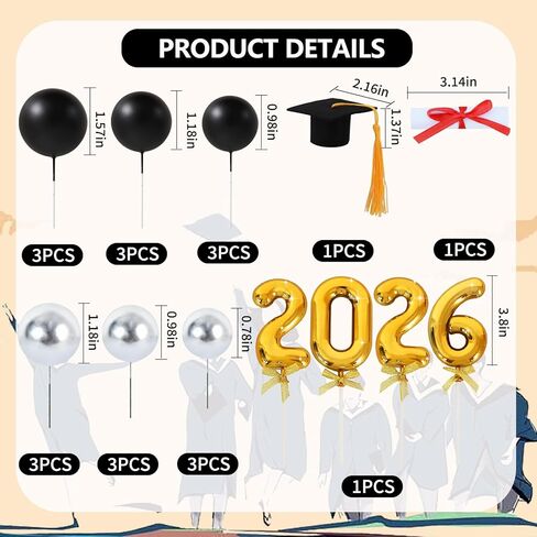 BEISHIDA Graduation Cake Toppers - 2026 Graduation Cupcake Congrats Grad Cake Decorations with Cap Diploma Balls for 2026 High School College Party Supplies（Black Silver） in Kuwait