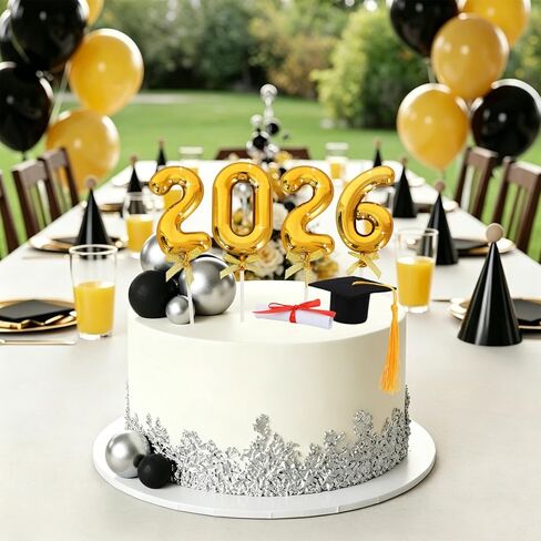 BEISHIDA Graduation Cake Toppers - 2026 Graduation Cupcake Congrats Grad Cake Decorations with Cap Diploma Balls for 2026 High School College Party Supplies（Black Silver） in Kuwait
