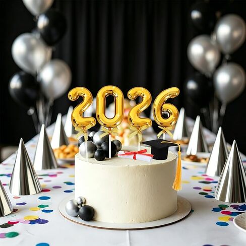 BEISHIDA Graduation Cake Toppers - 2026 Graduation Cupcake Congrats Grad Cake Decorations with Cap Diploma Balls for 2026 High School College Party Supplies（Black Silver） in Kuwait