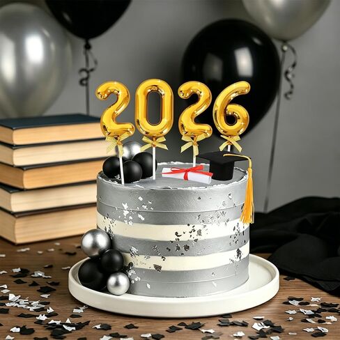 BEISHIDA Graduation Cake Toppers - 2026 Graduation Cupcake Congrats Grad Cake Decorations with Cap Diploma Balls for 2026 High School College Party Supplies（Black Silver） in Kuwait