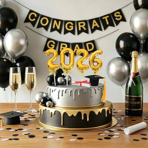 BEISHIDA Graduation Cake Toppers - 2026 Graduation Cupcake Congrats Grad Cake Decorations with Cap Diploma Balls for 2026 High School College Party Supplies（Black Silver） in Kuwait