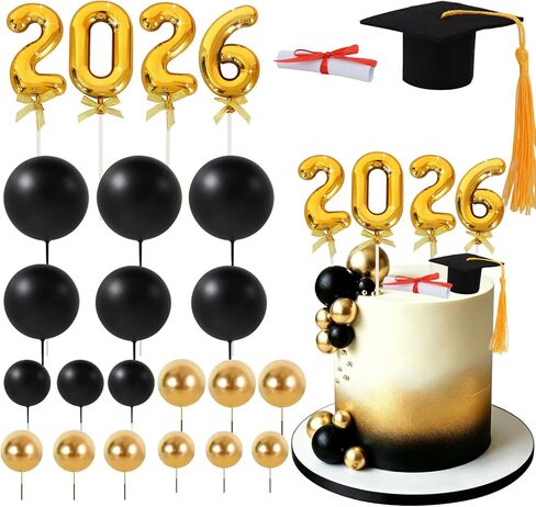BEISHIDA Graduation Cake Toppers - 2026 Graduation Cupcake Congrats Grad Cake Decorations with Cap Diploma Balls for 2026 High School College Party Supplies（Black Silver） in Kuwait