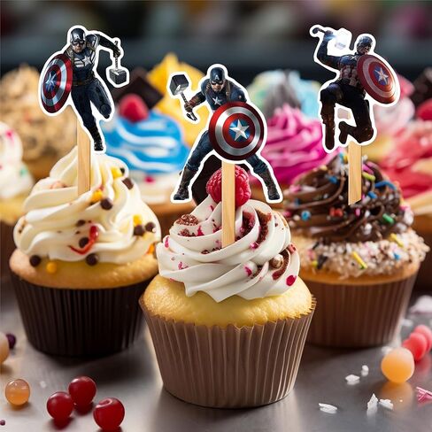 Captin Amrica Cupcake Topper Decoration (24 Pcs) – Superhero Theme Birthday Party Supplies – Perfect Cupcake Picks for Captin Amrica Theme Party, Celebration, Baby Shower, and Cake Decorations in Kuwait