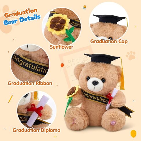 Glow Guards Graduation Bear Class of 2026, Musical Light up Teddy Bear with Cap & Diploma,Singing Stuffed Animal Holding Sunflower, Grad Bear Gift for Kindergarten High School College, 8.5 Inch in Kuwait