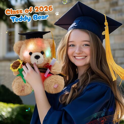 Glow Guards Graduation Bear Class of 2026, Musical Light up Teddy Bear with Cap & Diploma,Singing Stuffed Animal Holding Sunflower, Grad Bear Gift for Kindergarten High School College, 8.5 Inch in Kuwait