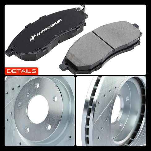 A-Premium Front & Rear Drilled and Slotted Disc Brake Rotors + Ceramic Pads Kit Compatible with Select Nissan and Infiniti Models - 370Z, 350Z, G37, G35, EX35, EX37, G25, M35, M45, Q40, 12-PC Set in Kuwait