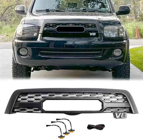 Front Grill Compatible with 2001-2004 Sequoia TRD Style, Replacement Front Bumper Grille ABS Grill with Letters and 3 LED Lights, Matte Black in Saudi Arabia