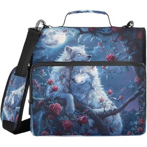 ALAZA Wolf Moon Night Sky Rose Flower Zipper Binder 3 Ring Binder Organizer with Zipper and Shoulder Strap Large Capacity Multi-Pocket for Office Supplies Work in Kuwait