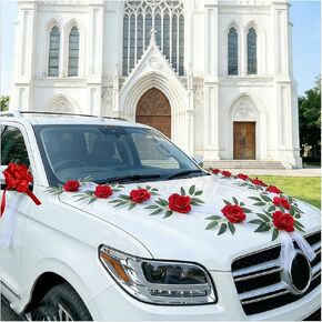 Wedding Car Decorations, Artificial Flower & Long Ribbon Set Elegant Front Vehicle Wedding Decor, Just Married Flowers Ribbons for Auto Hood & Rearview Mirror Decoration (Red) in Saudi Arabia