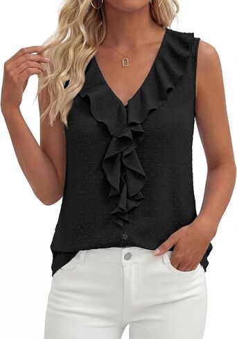 PRETTYGARDEN Womens Tank Tops 2026 Summer Dressy Casual Blouses Sleeveless Ruffle V Neck Swiss Dot Button Down Work Shirts in Saudi Arabia