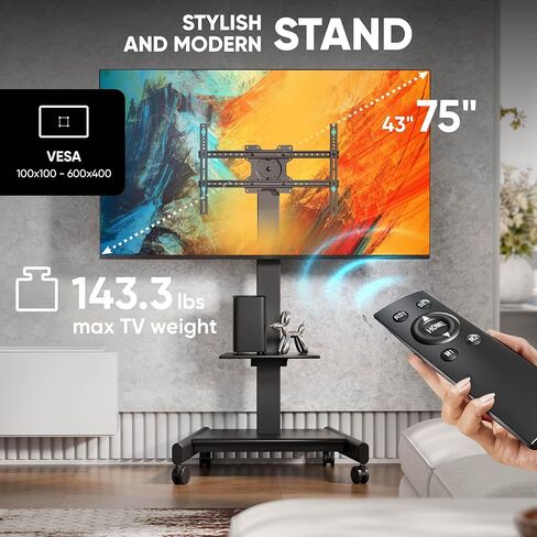 ONKRON Motorized TV Stand on Wheels for 43-75 Inch Screen, max Load 154.3 lbs, Height Adjustable with Remote, TV Portable Stand Tilt, max VESA 600x400 Electric Mobile TV Cart Rolling TV Stand Black in Kuwait