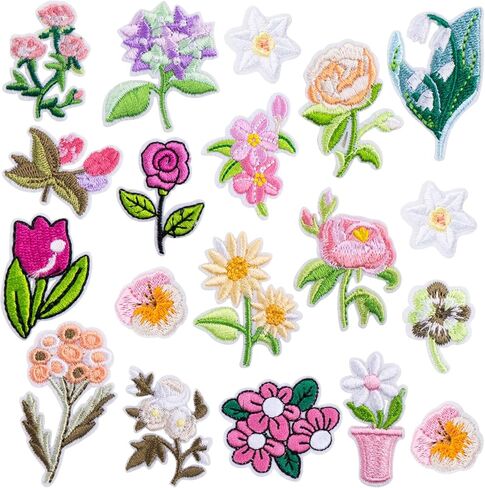 20pcs Iron on Flower Patches, Colorful Mini Embroidered Floral Appliques, 17 Styles Sew on Bouquet Repair Decoration Patches for Crafts, Backpacks, Jackets in Kuwait