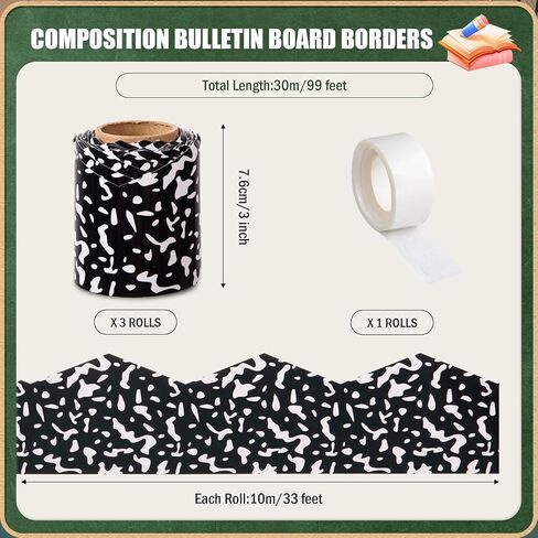 AWIZOM 99 Feet Composition Bulletin Board Borders Composition Die-Cut Rolled Border Trim Black and White Classroom Bulletin Board Decorations for Back to School Homeschool Offices Wall Decor in Kuwait