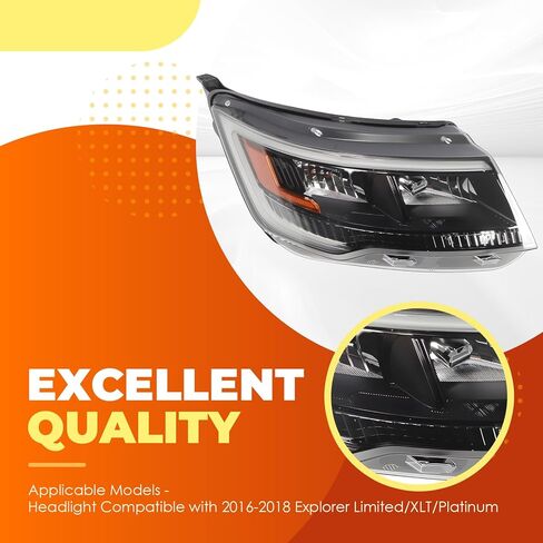 Passenger Headlight Compatible with 2016-2018 Explorer Limited/XLT/Platinum Black Bezel w/DRL Right Side Headlamp FB5Z13008B in Kuwait