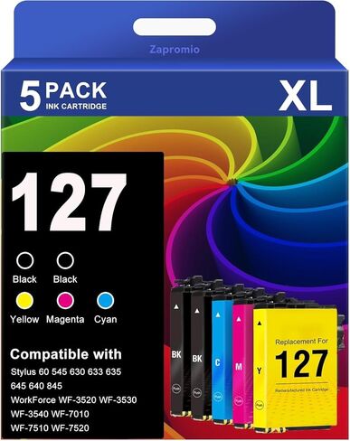 127 Ink Cartridge Remanufactured Replacement for Epson 127 Ink Cartridges T127 for Workforce 545 845 645 WF-3540 WF-3520 WF-7010 WF-7510 WF-7520 NX530 NX625 Printer (2 Black, Cyan, Magenta, Yellow) in Saudi Arabia