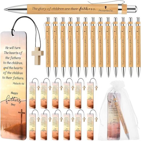 Spakon 25-Piece Father's Day Christian Gift Set with Bible Verse Bamboo Pens, Wooden Scripture Bookmarks, and Organza Bags in Kuwait