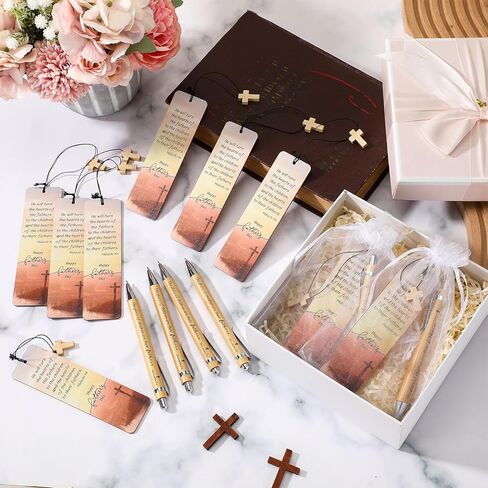 Spakon 25-Piece Father's Day Christian Gift Set with Bible Verse Bamboo Pens, Wooden Scripture Bookmarks, and Organza Bags in Kuwait