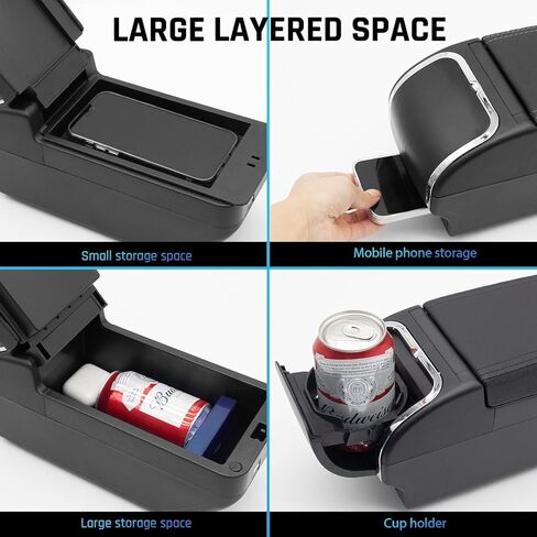 YJYWZH Car Armrest Box for Hyundai Venue 2021-2026 Accessories Center Console Organizer, Interior Double-Layer Storage Box Leather Arm Rest with Hidden Cup Holder Phone Holder Black Thread in Saudi Arabia