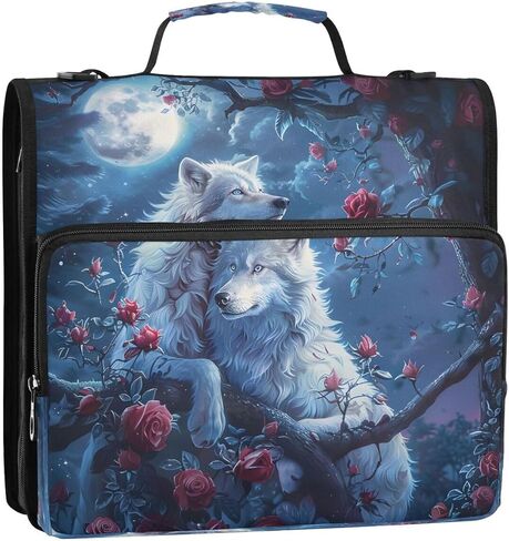 ALAZA Wolf Moon Night Sky Rose Flower Zipper Binder 3 Ring Binder Organizer with Zipper and Shoulder Strap Large Capacity Multi-Pocket for Office Supplies Work in Kuwait