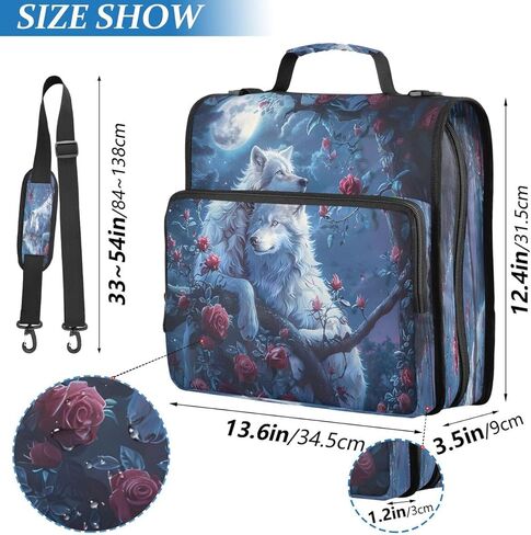 ALAZA Wolf Moon Night Sky Rose Flower Zipper Binder 3 Ring Binder Organizer with Zipper and Shoulder Strap Large Capacity Multi-Pocket for Office Supplies Work in Kuwait