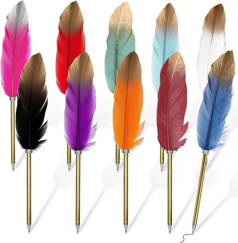 Feather Pens Quill Bulk Black Ink, 10 Pack 5 Colors Assorted Cool Vintage Feather Ballpoint Pen for Writing, Office Guest Signature, Party or Bridal Shower Favors Calligraphy Set in Saudi Arabia