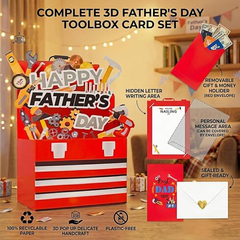 Fathers Day Card Gifts from Daughter Son Wife Kids, 3D Pop Up Funny Father's Day Card with Envelopes for Stepdad Husband Grandpa Best Dad Ever Gifts, Tools Box Style, 7" X5" in Saudi Arabia