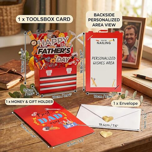 Fathers Day Card Gifts from Daughter Son Wife Kids, 3D Pop Up Funny Father's Day Card with Envelopes for Stepdad Husband Grandpa Best Dad Ever Gifts, Tools Box Style, 7" X5" in Saudi Arabia