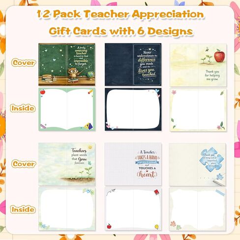 Teacher Appreciation Cards with Envelopes - 12 Pack Thank You Teacher Cards, Cute Thank You Notes from Students, Teachers Appreciation Gift Cards for Teacher's Day, End of Year Gifts in Saudi Arabia