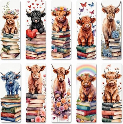 10 Pack Highland Cow Bookmarks, 6'' x 2'' Cute Double-Sided Page Markers Gift for Book Lovers Women Men Readers Scottish Fluffy Coo Stuff Matte Laminated with Rounded Corners Book Accessories in Saudi Arabia