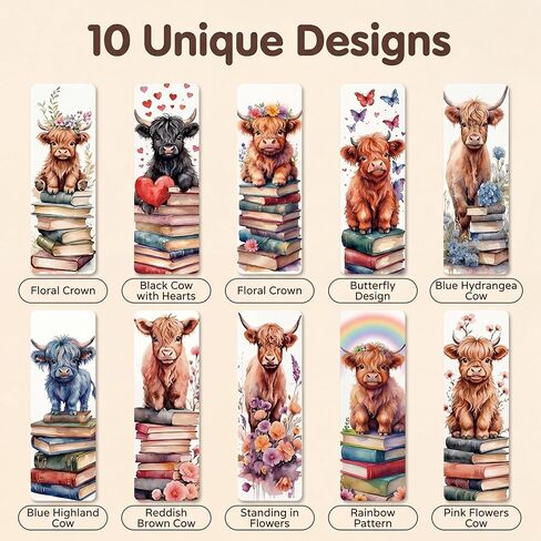 10 Pack Highland Cow Bookmarks, 6'' x 2'' Cute Double-Sided Page Markers Gift for Book Lovers Women Men Readers Scottish Fluffy Coo Stuff Matte Laminated with Rounded Corners Book Accessories in Saudi Arabia