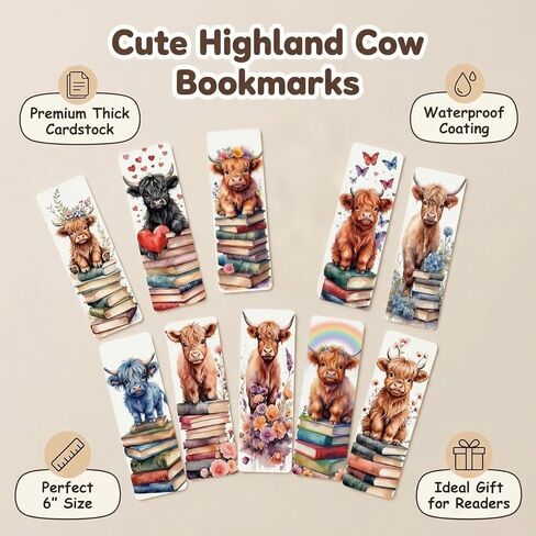 10 Pack Highland Cow Bookmarks, 6'' x 2'' Cute Double-Sided Page Markers Gift for Book Lovers Women Men Readers Scottish Fluffy Coo Stuff Matte Laminated with Rounded Corners Book Accessories in Saudi Arabia