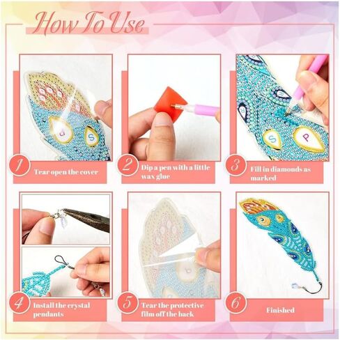 6 PCS Diamond Painted Feather Bookmark Set,Keychain Christmas Pendant Art Set,Crafts and Decorative Ornaments in Kuwait