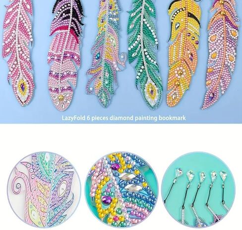 6 PCS Diamond Painted Feather Bookmark Set,Keychain Christmas Pendant Art Set,Crafts and Decorative Ornaments in Kuwait