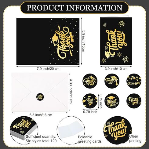Dunzoom 120 Sets 2026 Graduation Thank You Cards Bulk Black Gold Foil Blank Greeting Cards with Envelopes & Stickers for Teacher College Students Congrats Grad Party Favors End of Year Celebration in Kuwait