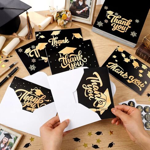 Dunzoom 120 Sets 2026 Graduation Thank You Cards Bulk Black Gold Foil Blank Greeting Cards with Envelopes & Stickers for Teacher College Students Congrats Grad Party Favors End of Year Celebration in Kuwait